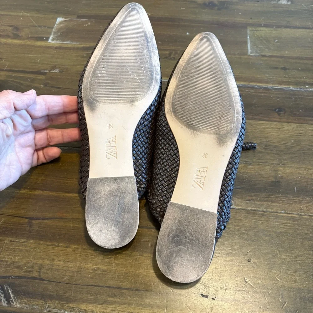 ZARA BRAIDED WOVEN FLAT MULES BROWN TIE BOW SLIDES SANDALS 38 BASKET WEAVE